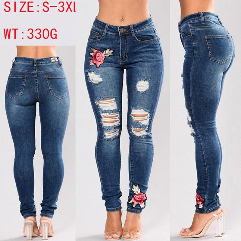 Stretch Embroidered Elastic Flower Jeans - runwayfashionista.com