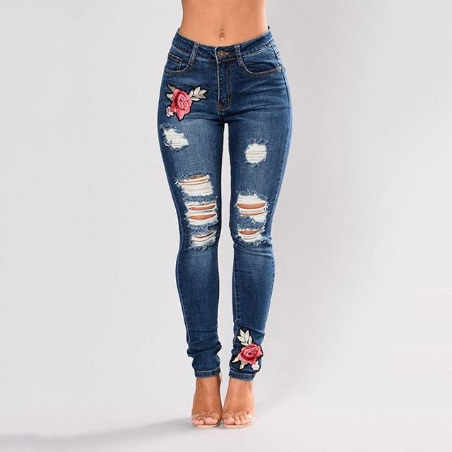 Stretch Embroidered Elastic Flower Jeans - runwayfashionista.com